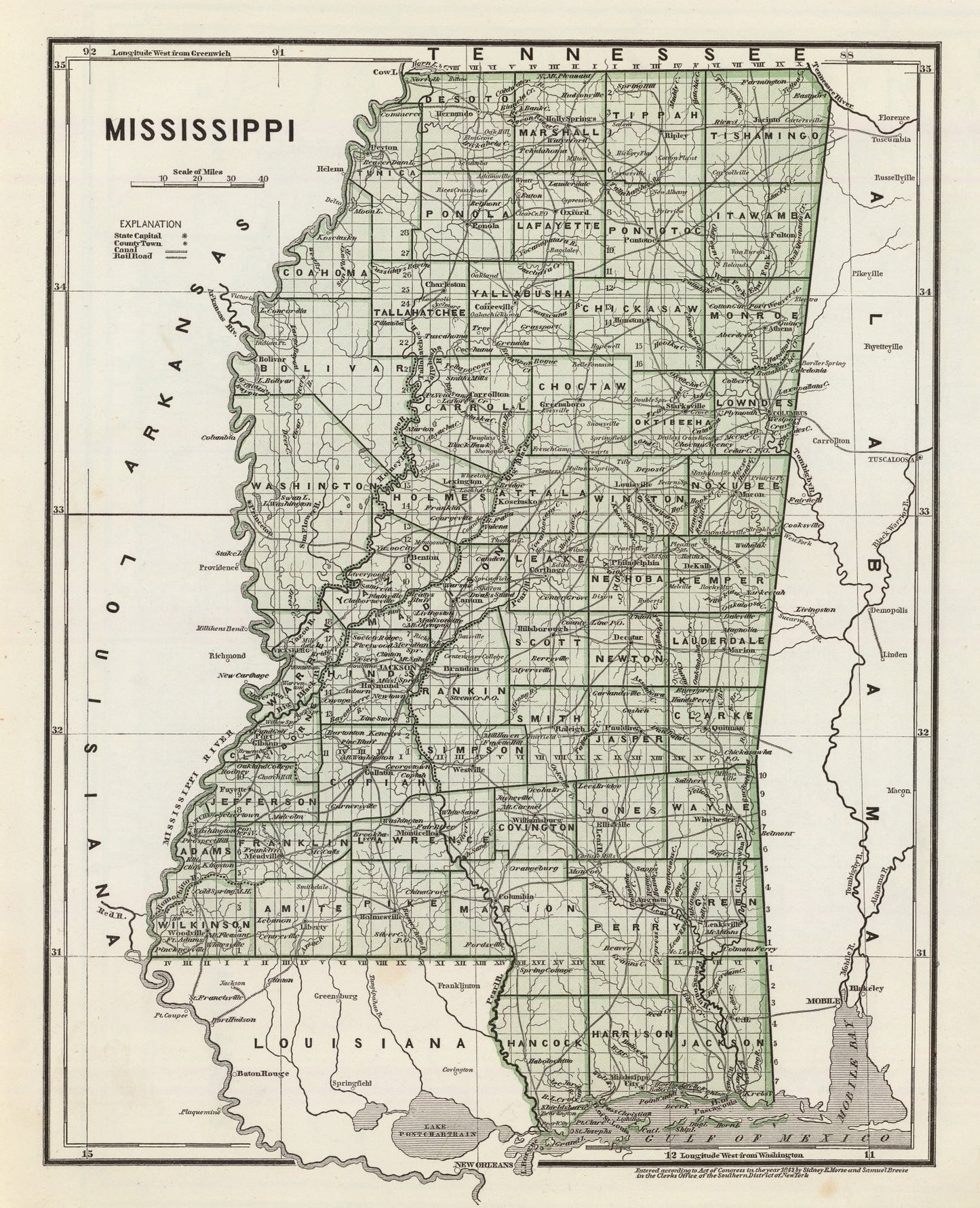 Vintage Map of Mississippi, 1842 II