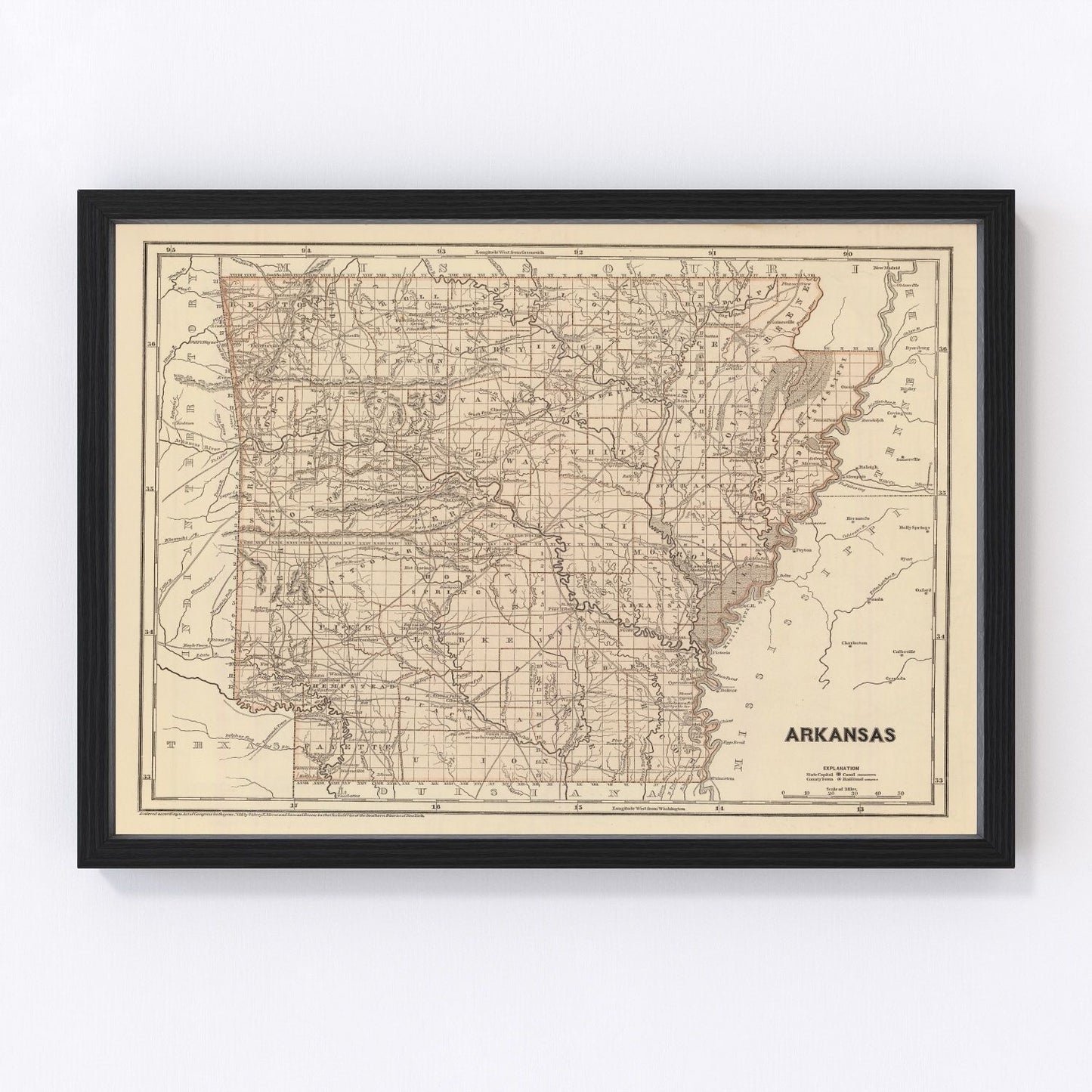 vintage map of Arkansas, 1842, frontier river valleys