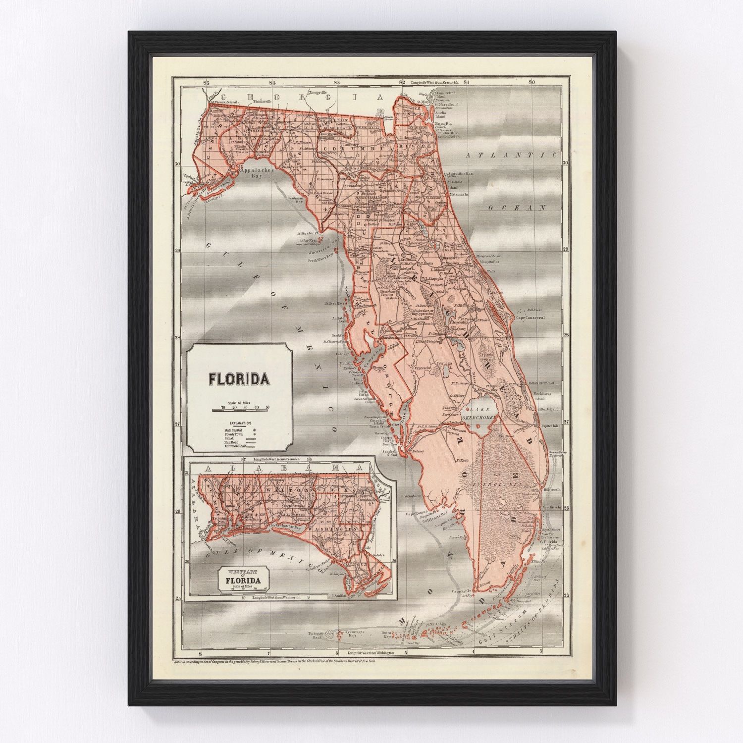 Vintage restored map of Florida, 1842, Seminole Wars era territory cartography