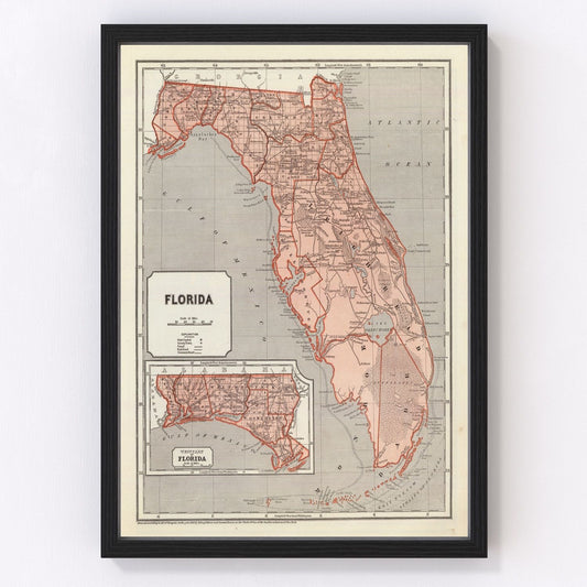 Vintage restored map of Florida, 1842, Seminole Wars era territory cartography
