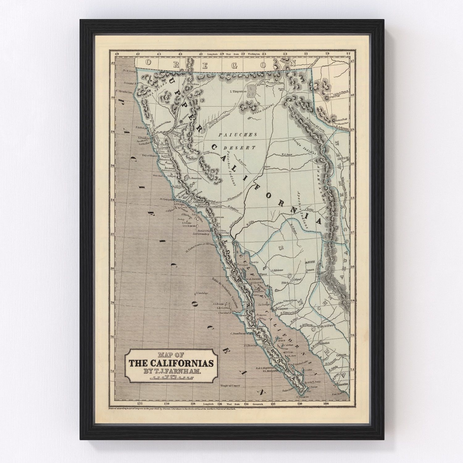 Vintage map of California, 1842, pre-statehood territory restored print