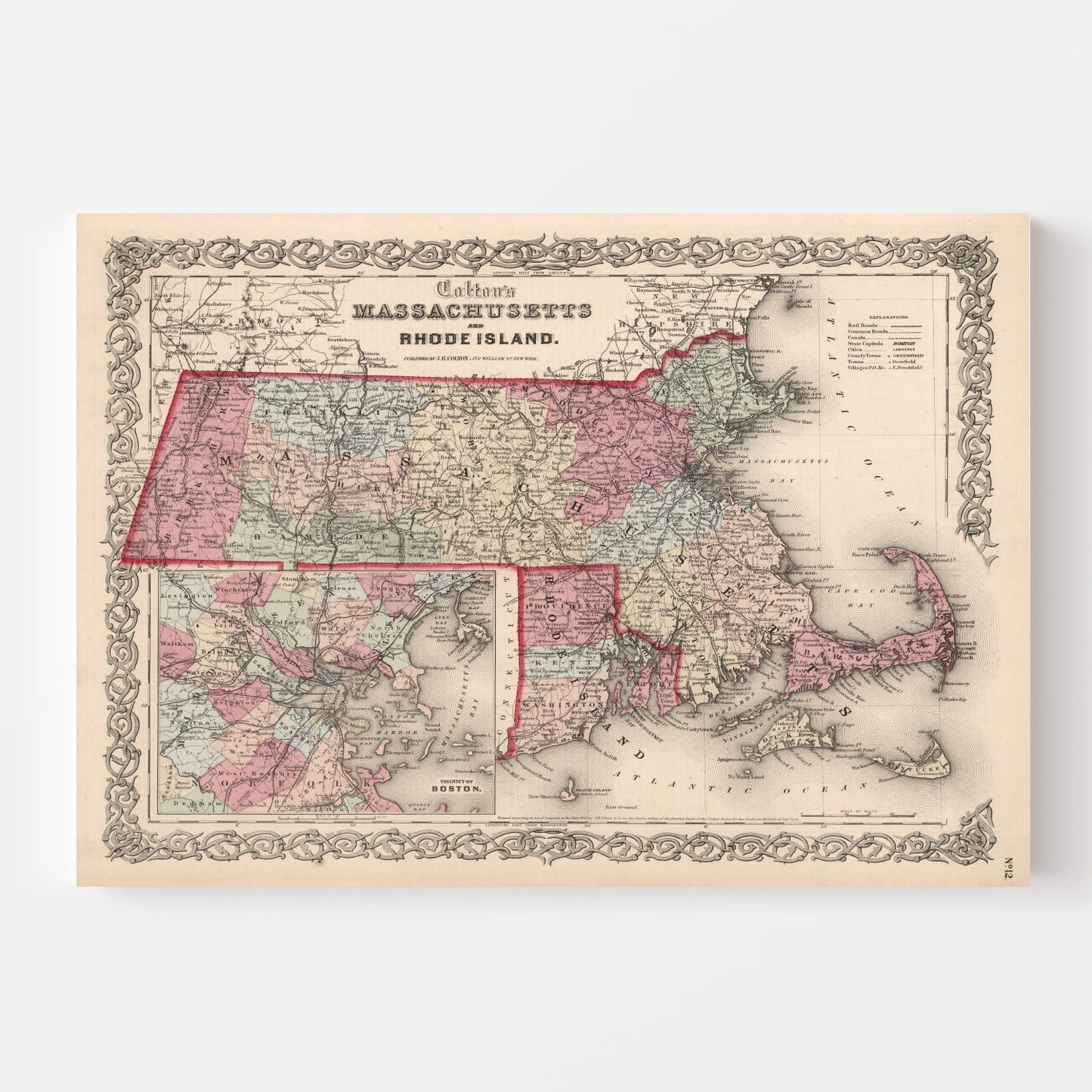 Vintage Map of Massachusetts and Rhode Island, 1861