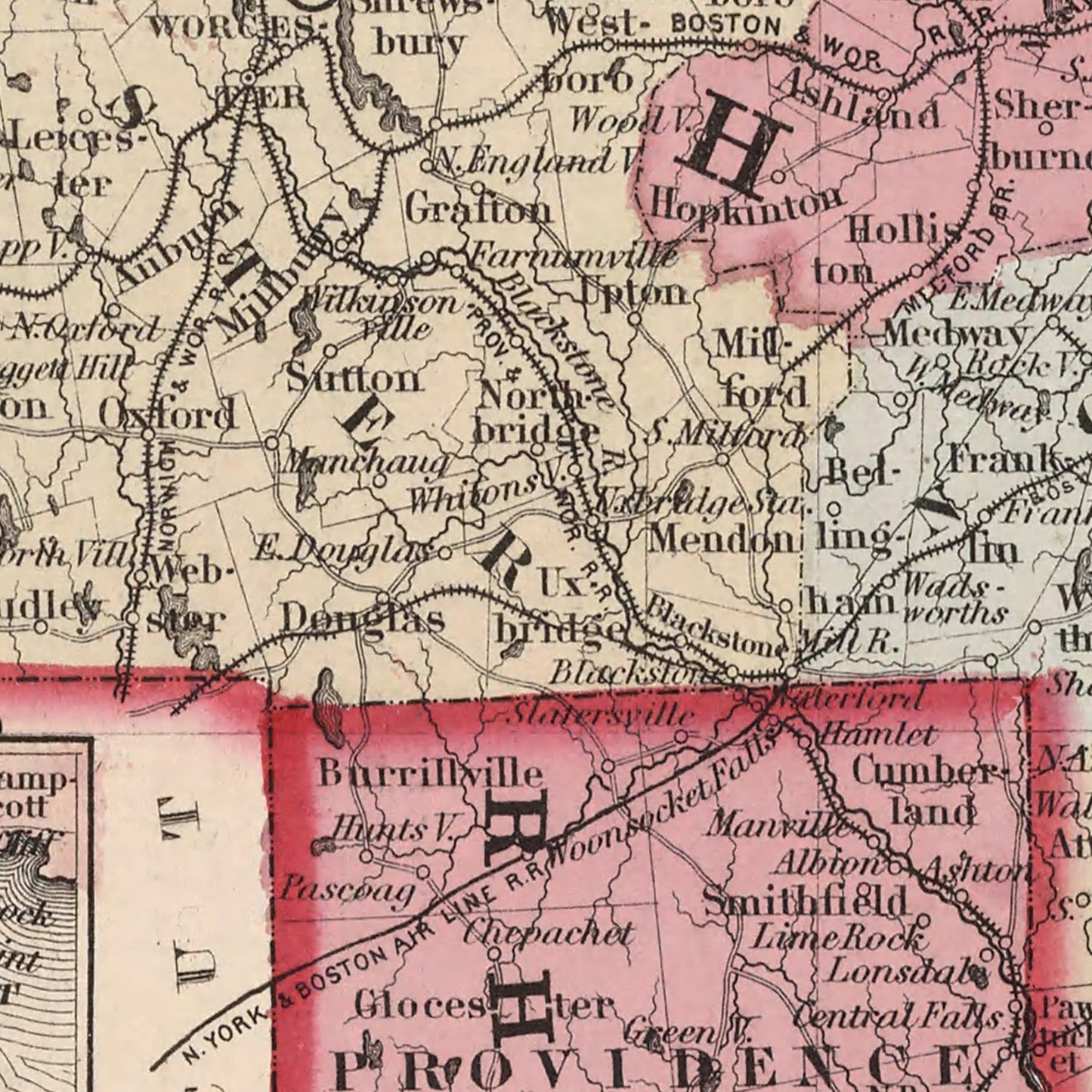 Vintage Map of Massachusetts and Rhode Island, 1861