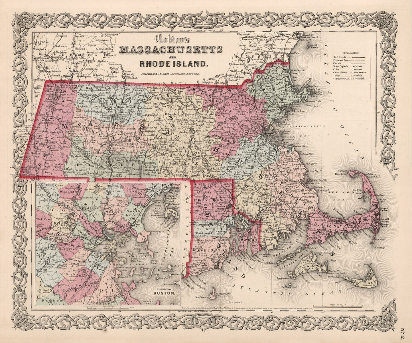 Vintage Map of Massachusetts and Rhode Island, 1861