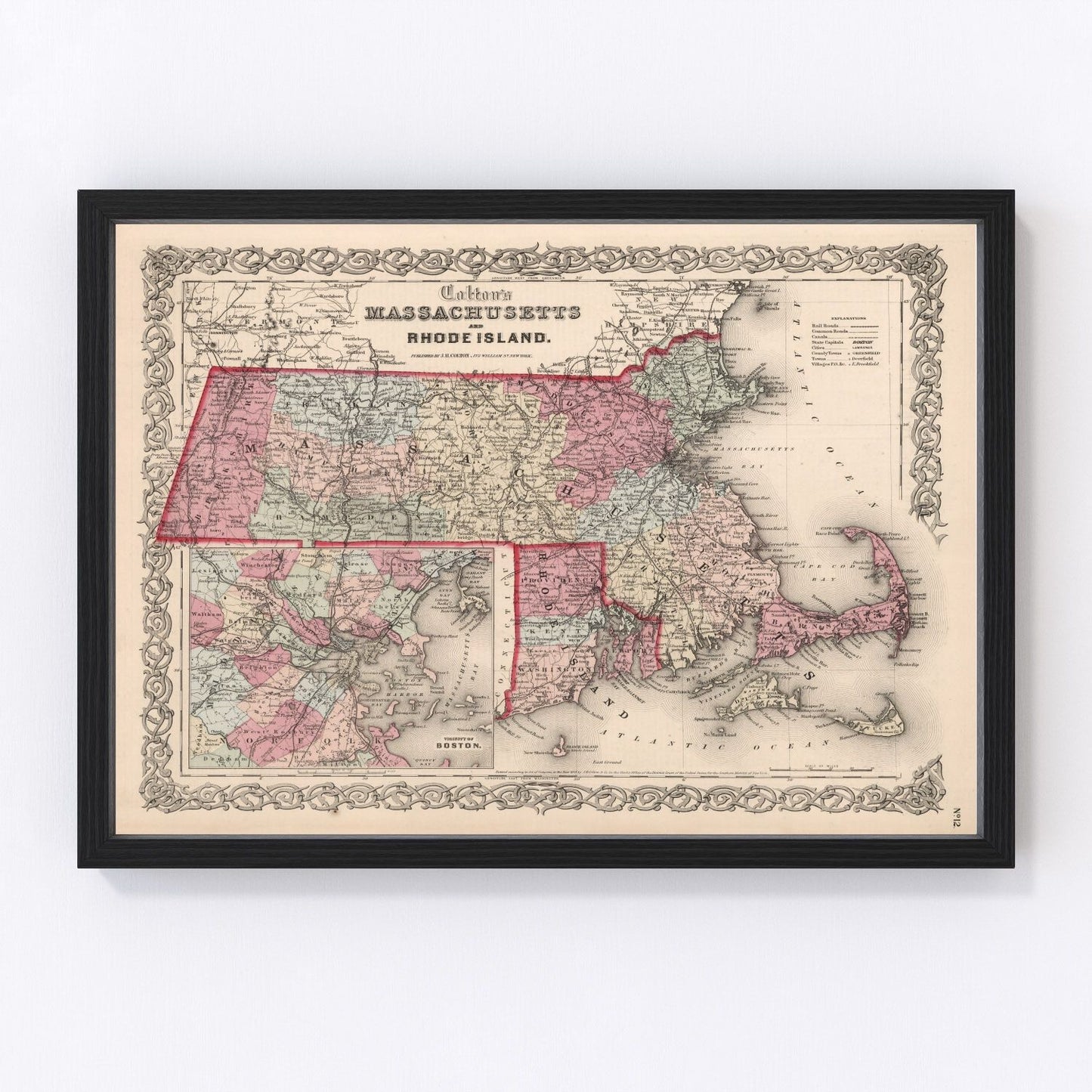Vintage map of Massachusetts and Rhode Island, 1861
