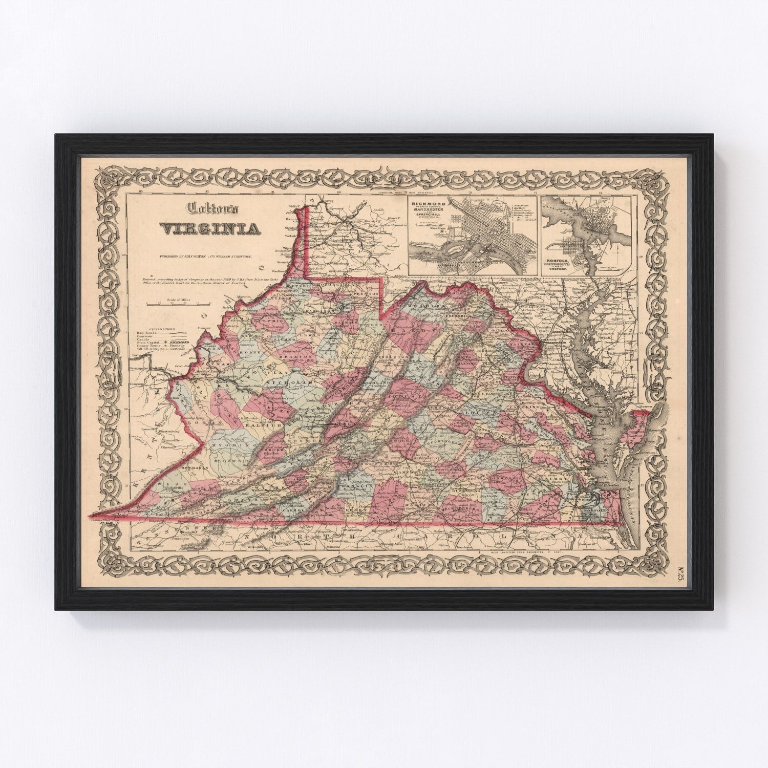 Vintage map of Virginia, 1861, Civil War era, digitally restored
