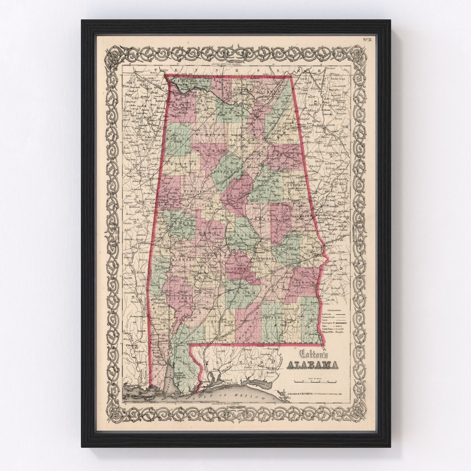 Vintage map of Alabama, 1861 - Civil War era restored print