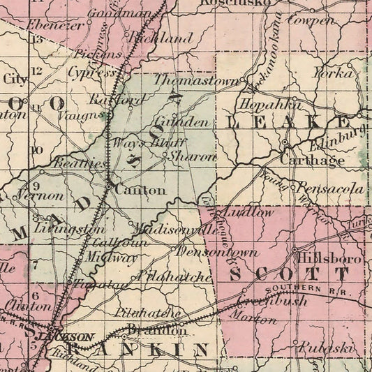 Vintage Map of Mississippi, 1861