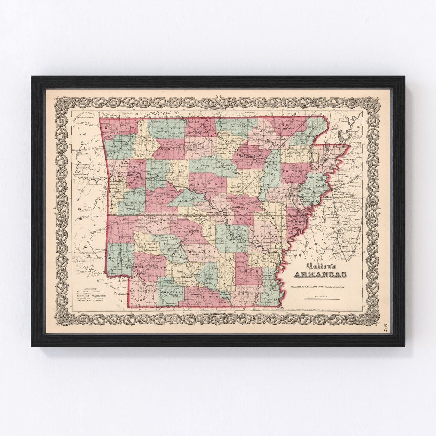 vintage map of Arkansas, 1861, Civil War secession year