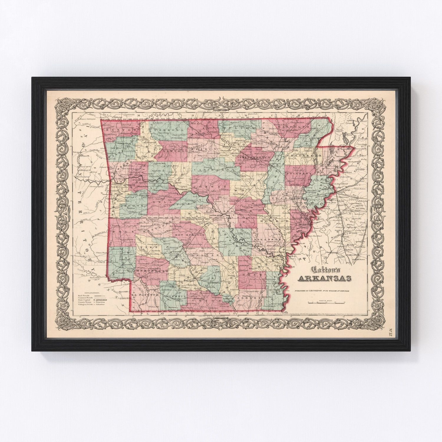 vintage map of Arkansas, 1861, Civil War secession year