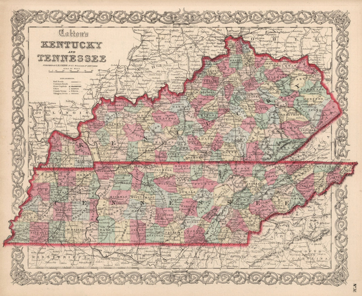 Vintage Map of Kentucky and Tennessee, 1861
