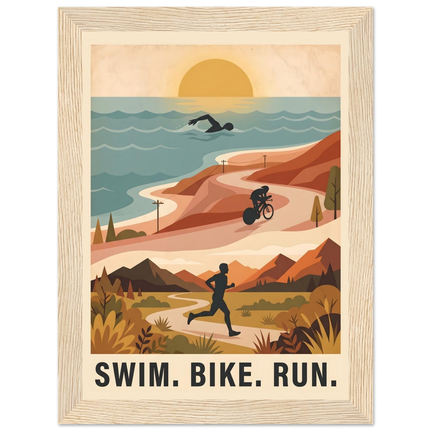 Triathlon Poster: Retro Swim Bike Run Framed Wall Art - 13x18 cm / 5x7″ - Wood frame / Ready-to-hang - Sparkycare