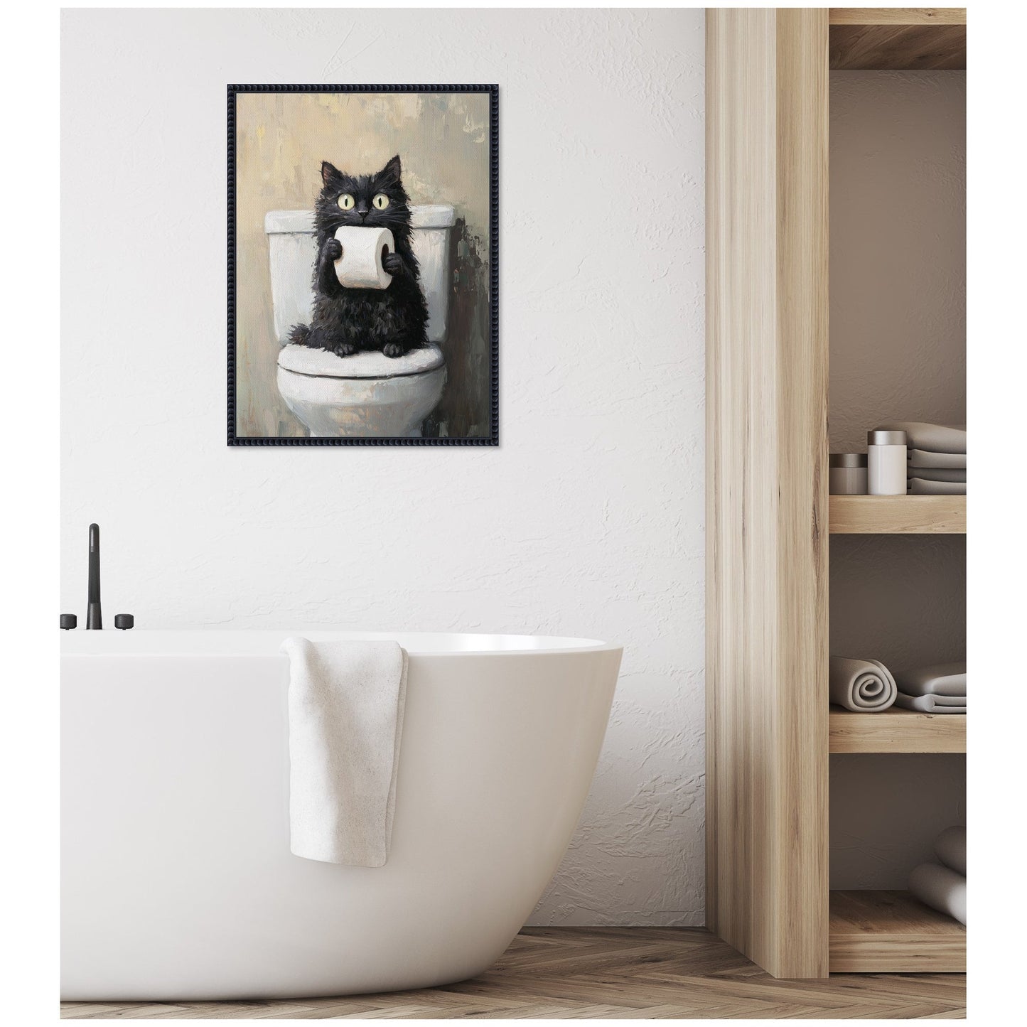 Funny Black Cat Bathroom Framed Canvas Art