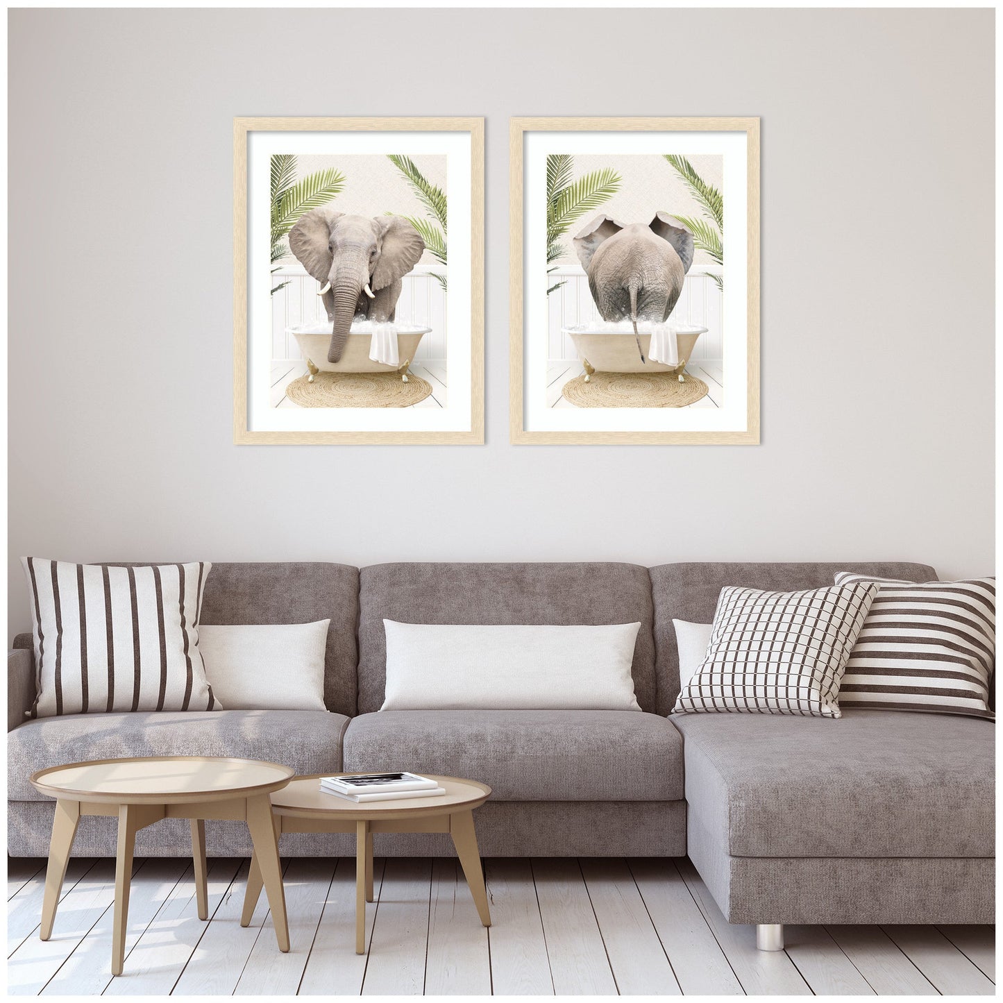 Elephant in Palm Bathtub 2 Piece Framed Wall Art Set