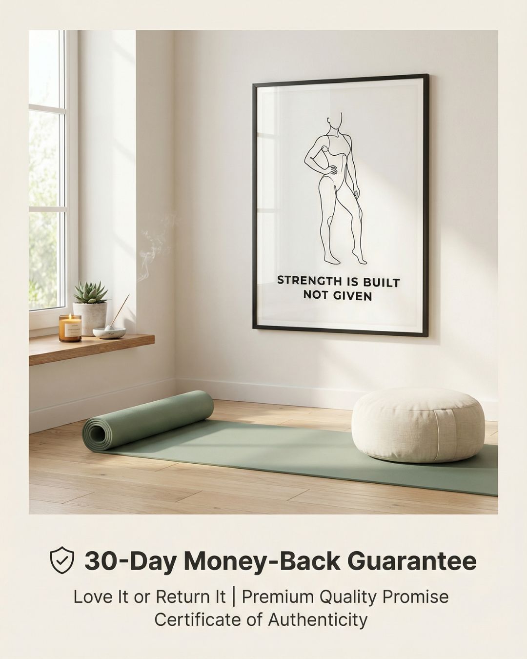 Room with a yoga mat, ottoman, and framed poster with motivational quote.
