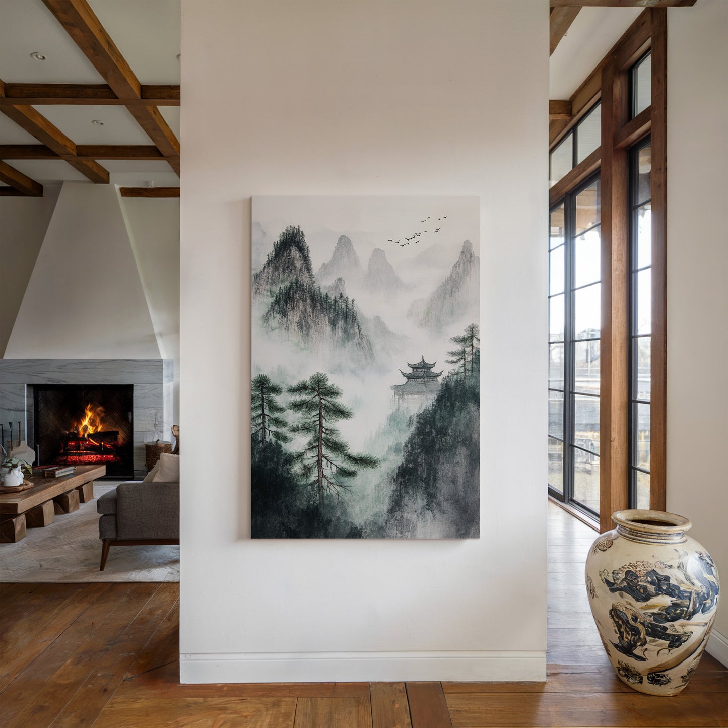 Misty Mountain Zen Wall Art Print - Chinese Ink Landscape