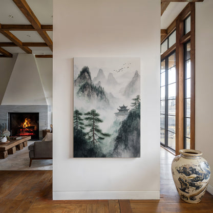 Misty Mountain Zen Wall Art Print - Chinese Ink Landscape