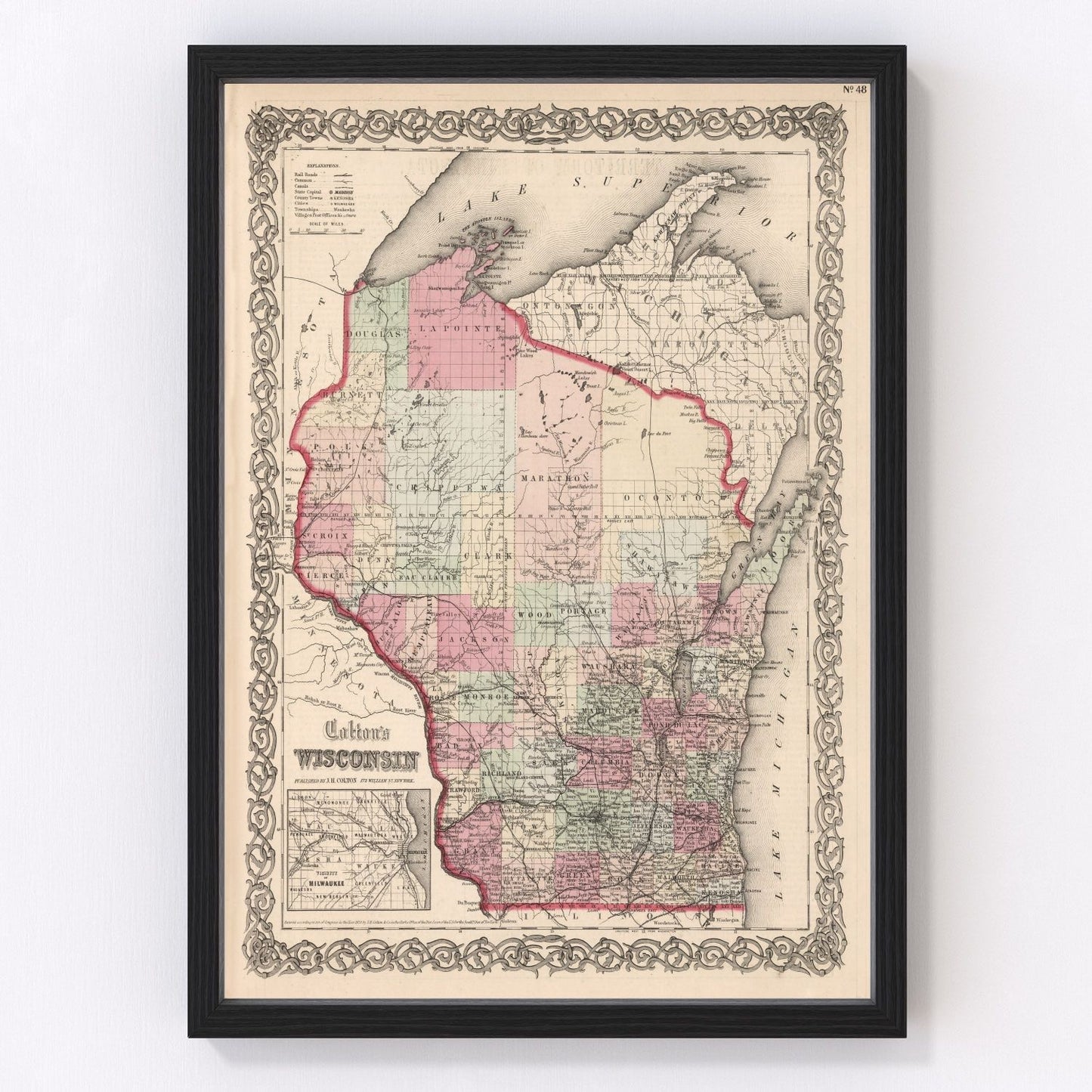 Vintage map of Wisconsin state, 1861, Civil War era restored