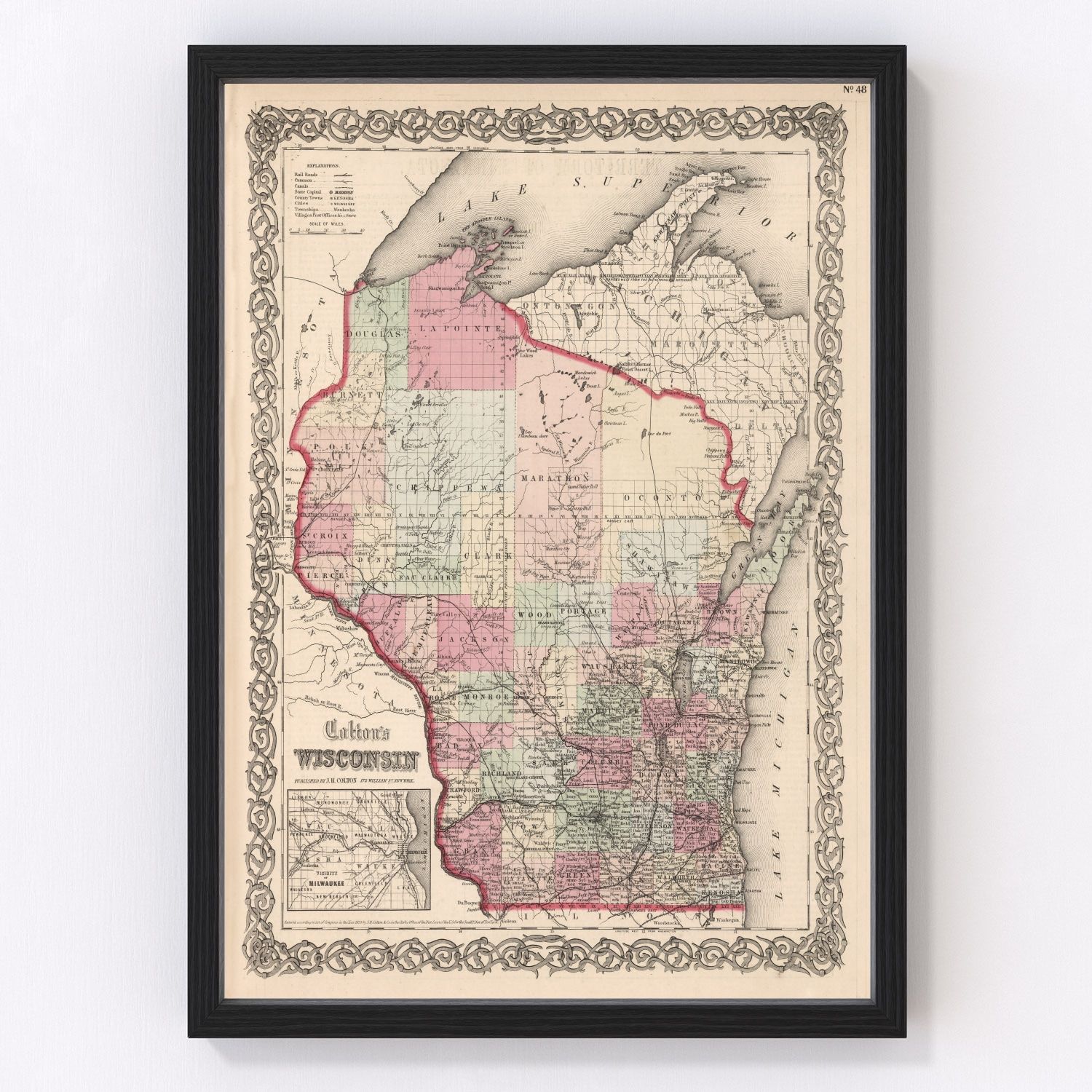 Vintage map of Wisconsin state, 1861, Civil War era restored