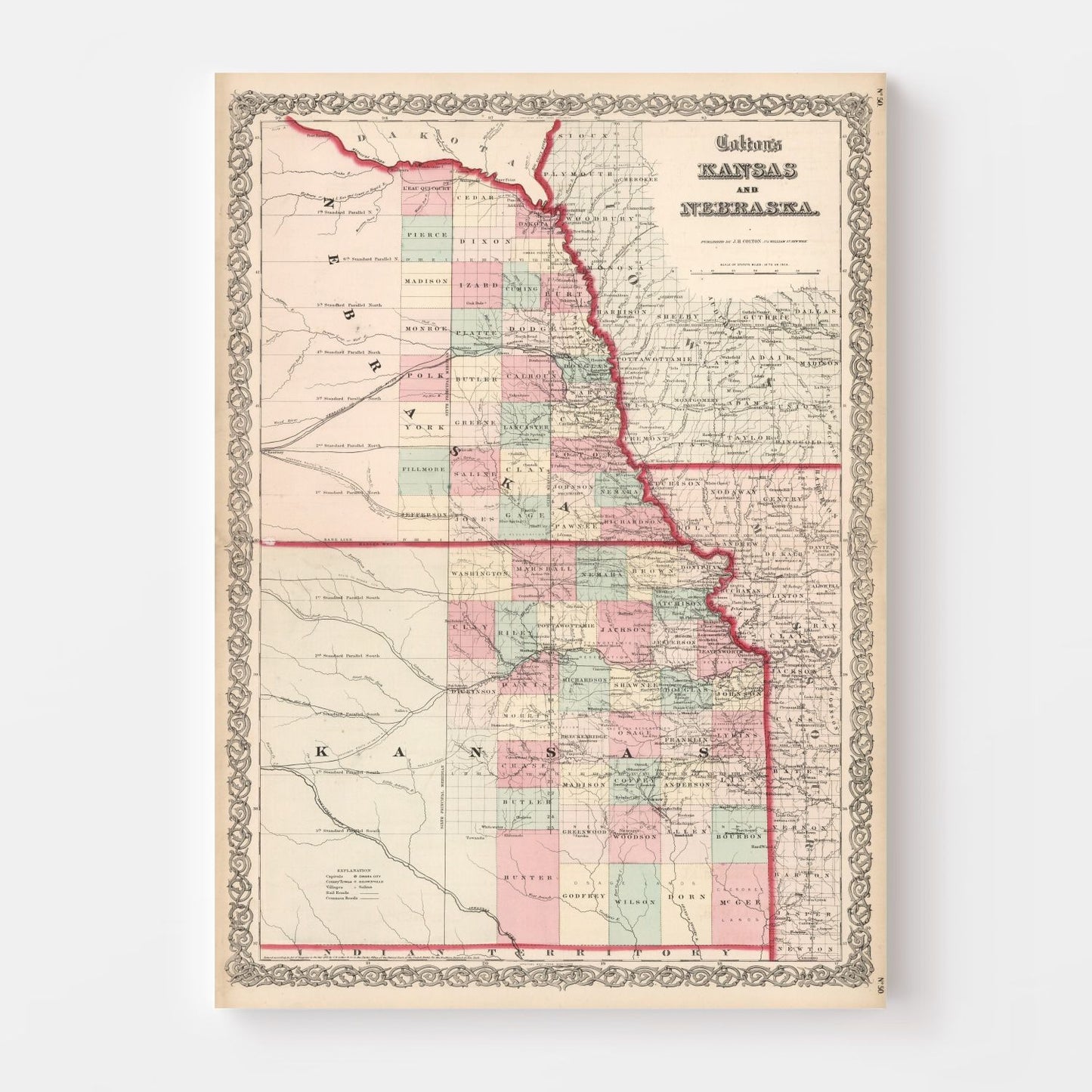 Vintage Map of Kansas and Nebraska, 1861