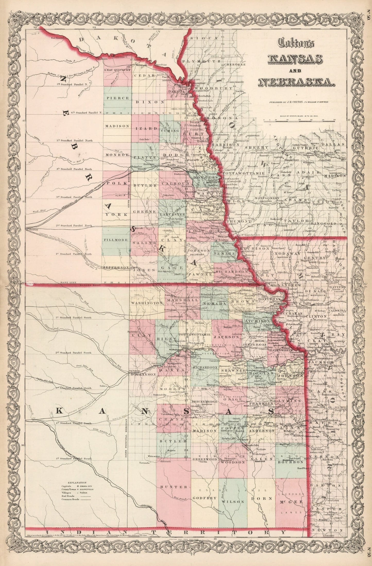Vintage Map of Kansas and Nebraska, 1861