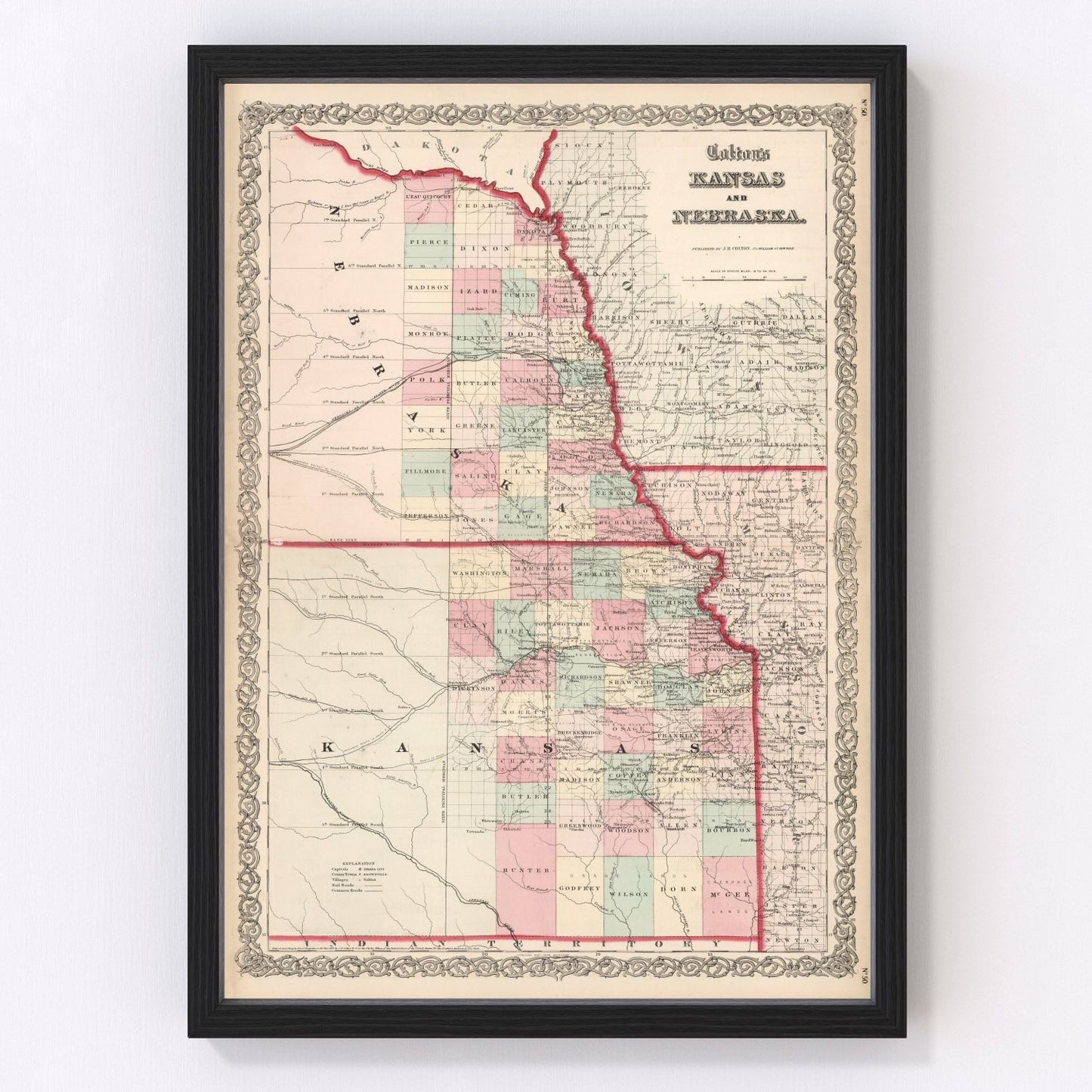 Vintage map of Kansas and Nebraska, 1861
