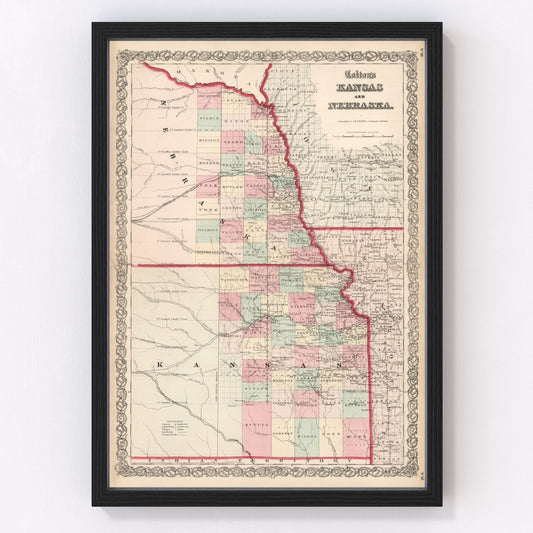Vintage map of Kansas and Nebraska, 1861