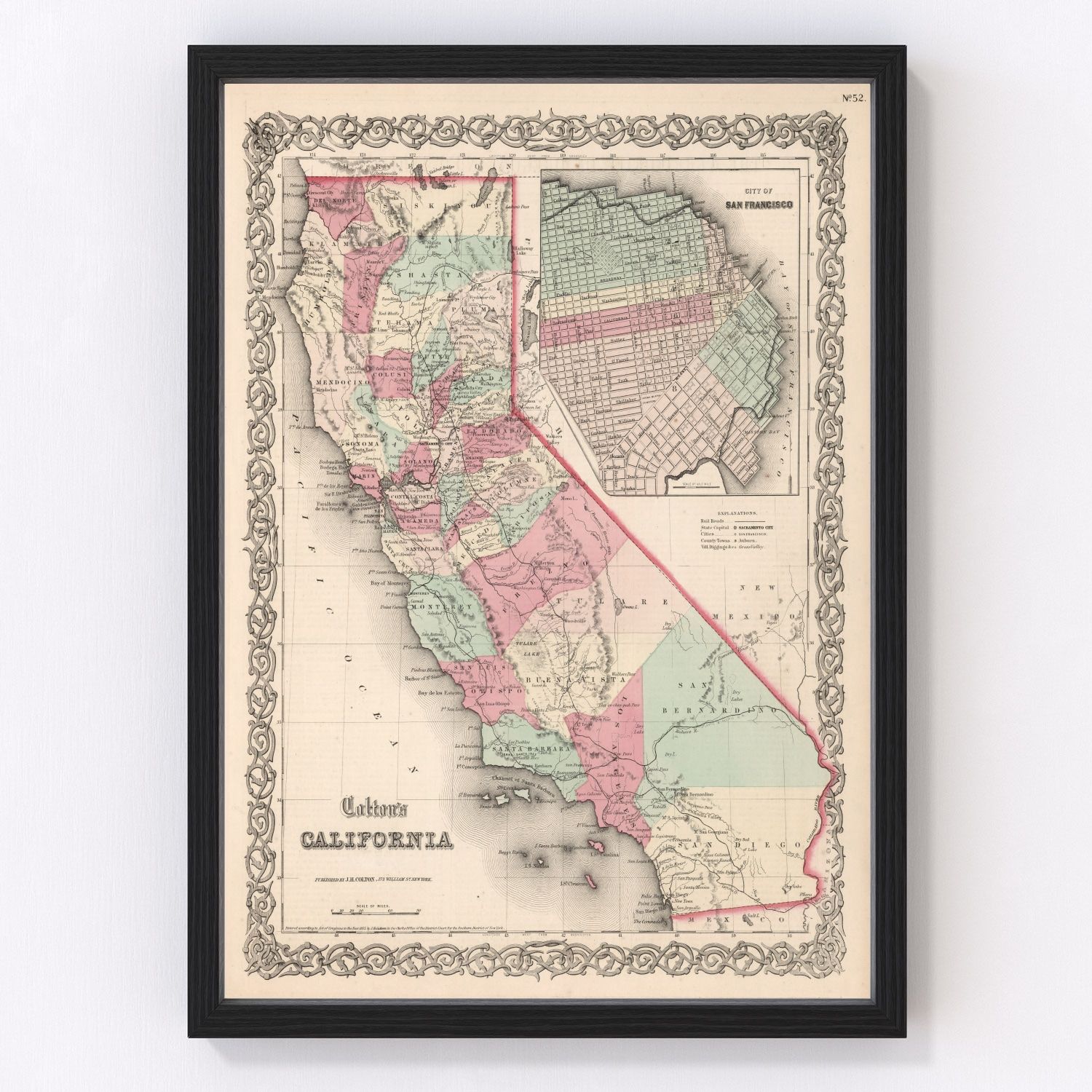 Vintage map of California, 1861, Civil War era restored print