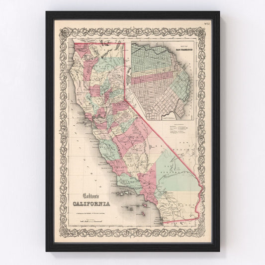 Vintage map of California, 1861, Civil War era restored print