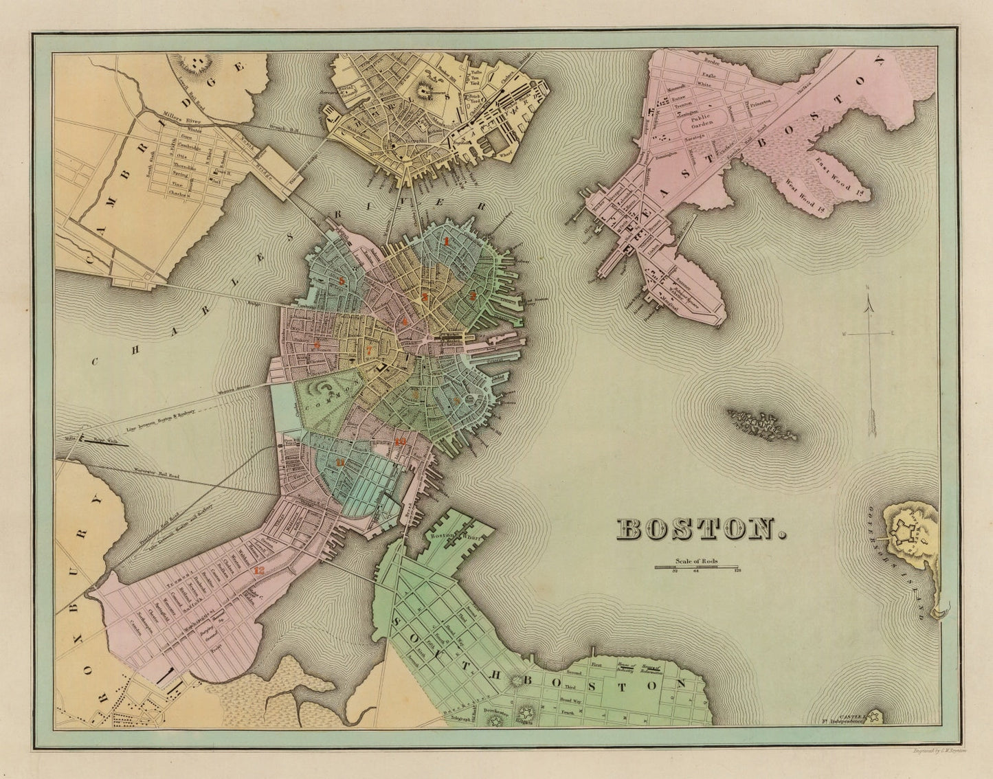 Vintage Map of Boston, Massachusetts 1838