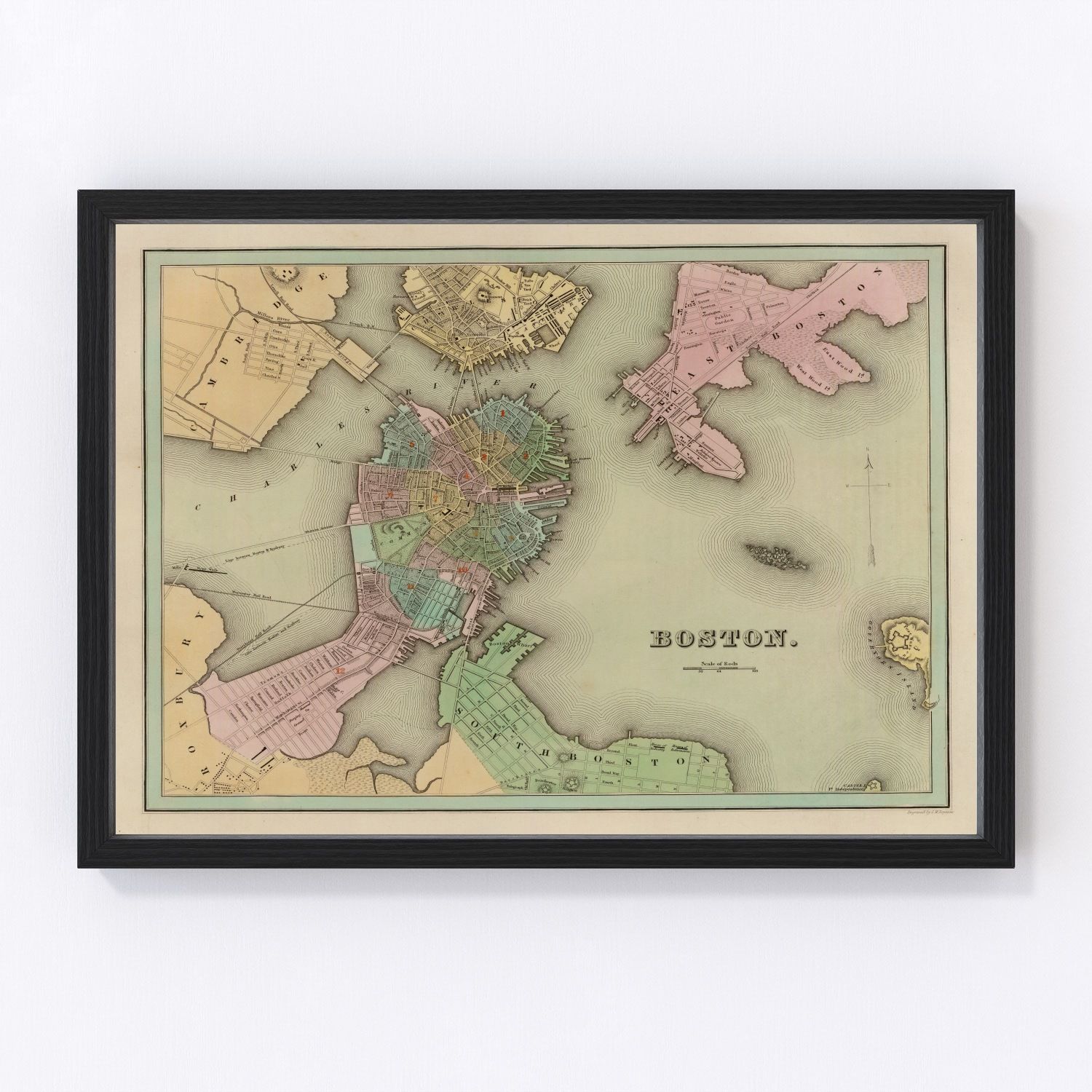 vintage map of Boston Massachusetts 1838, restored print wall art