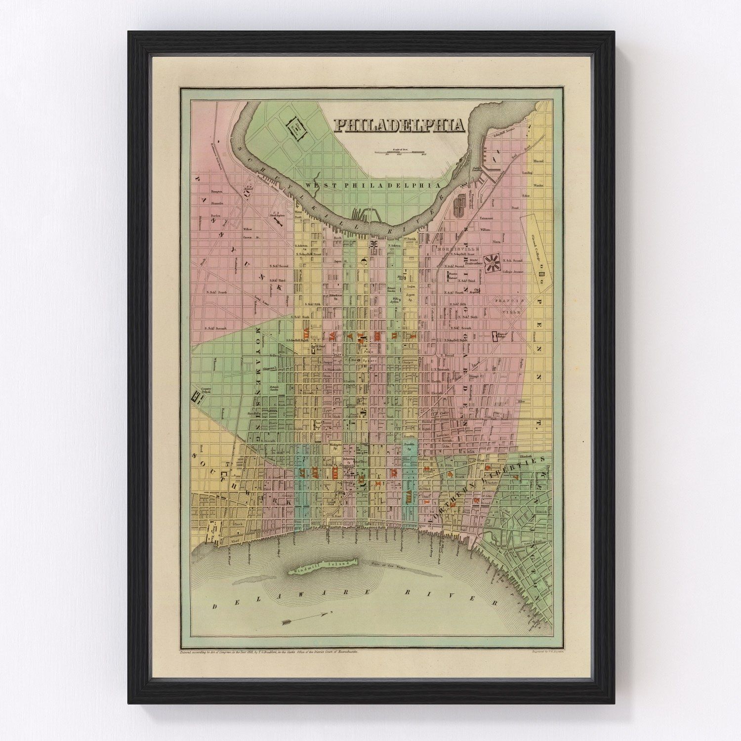 vintage map of Philadelphia, Pennsylvania, 1838