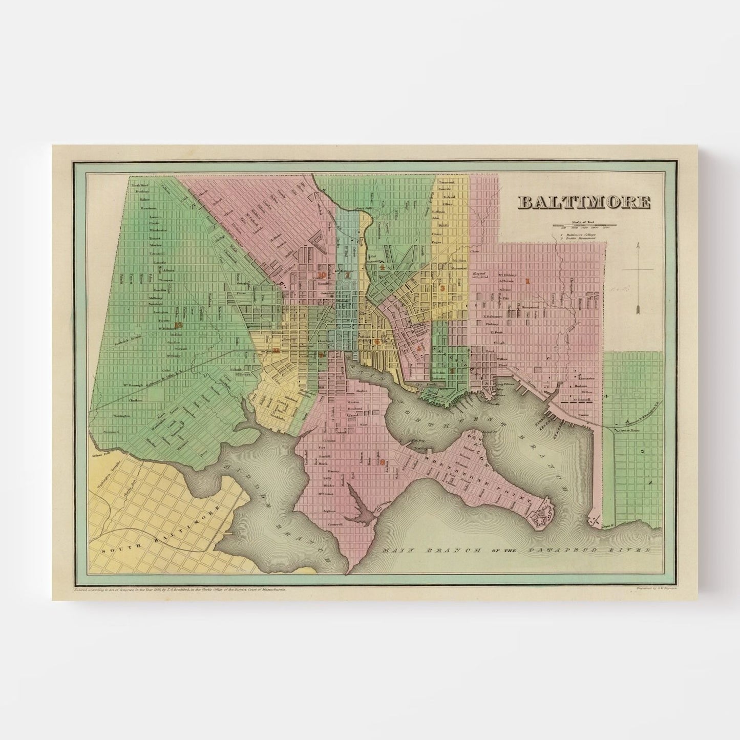 Vintage Map of Baltimore, Maryland, 1838 Wall Art