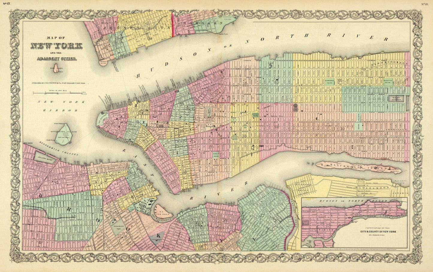 Vintage Map of New York City, New York, 1856