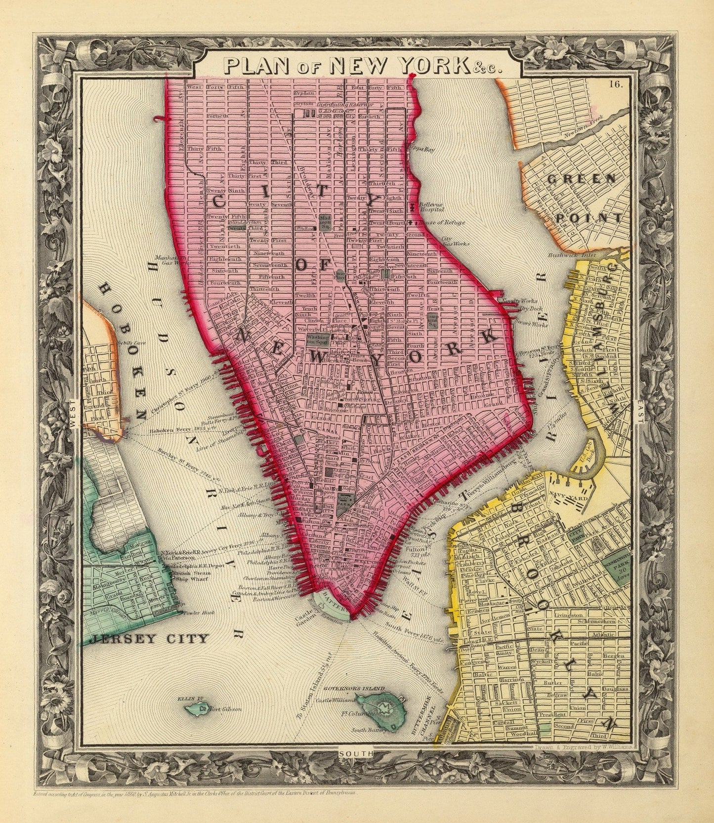 Vintage Map of New York City, New York, 1860