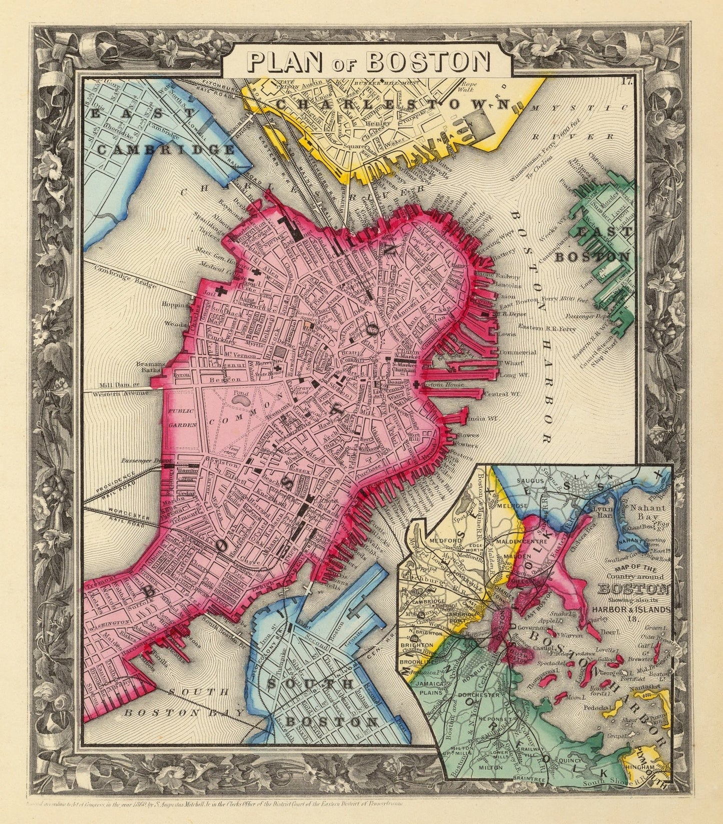 Vintage Map of Boston, Massachusetts 1860