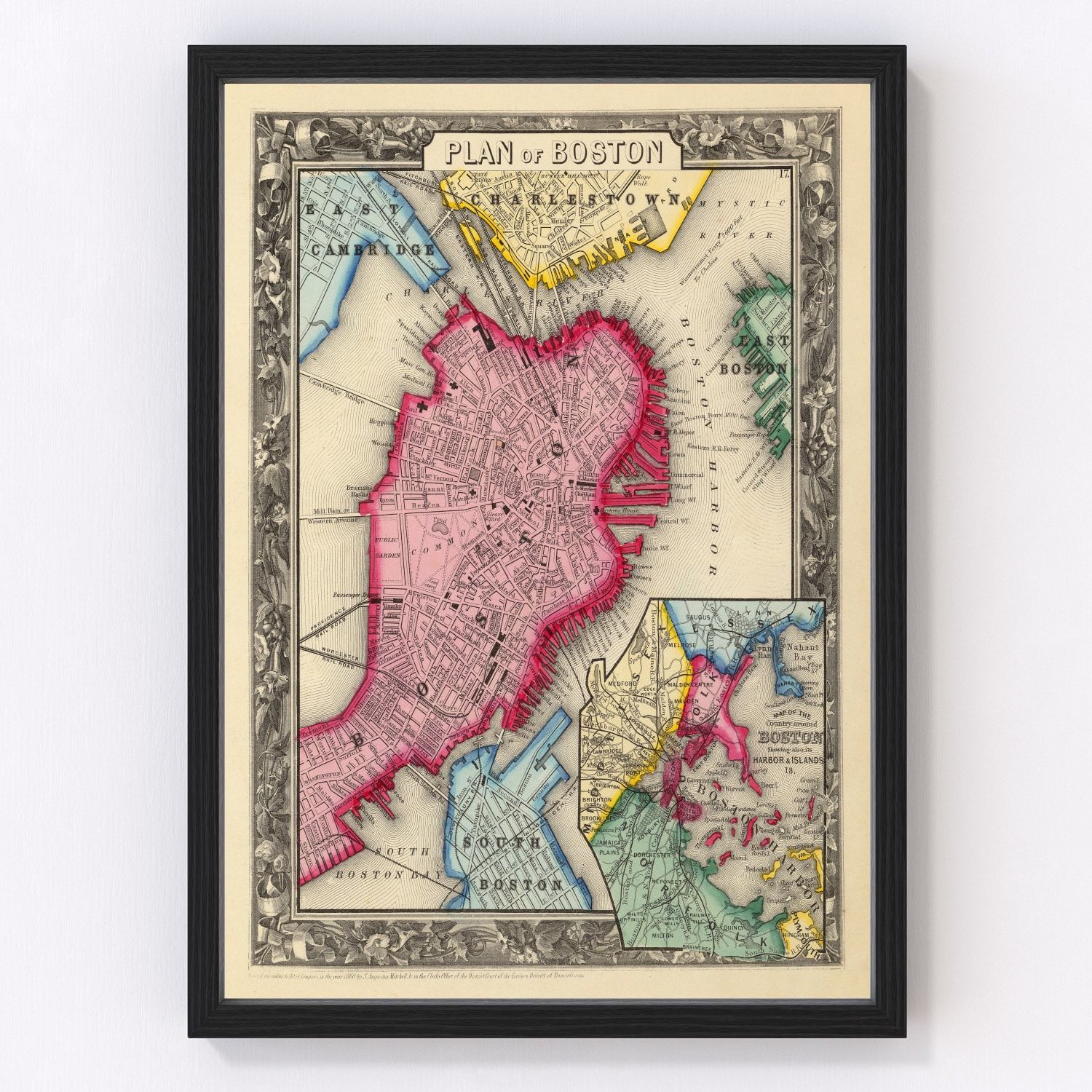 vintage map of Boston Massachusetts 1860, restored print wall art