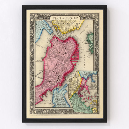 vintage map of Boston Massachusetts 1860, restored print wall art