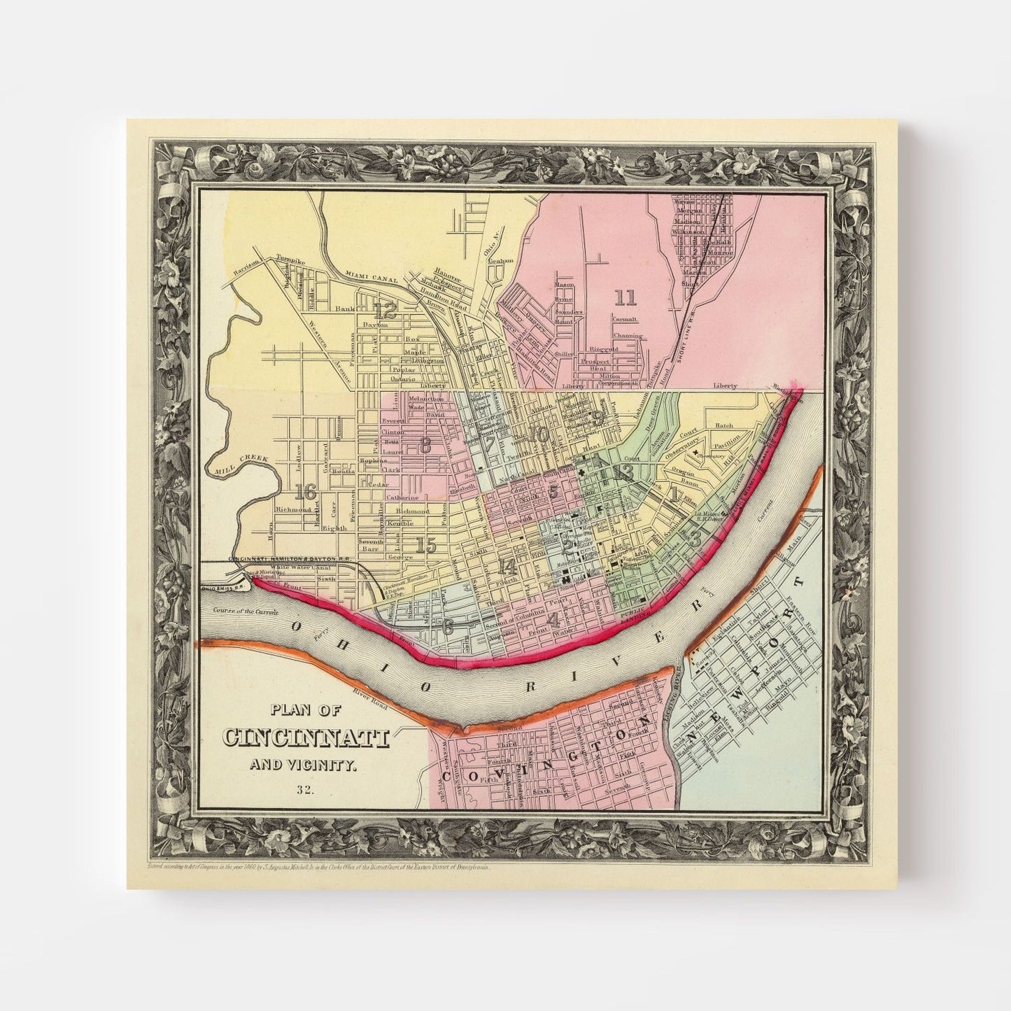 Vintage Map of Cincinnati, Ohio, 1860