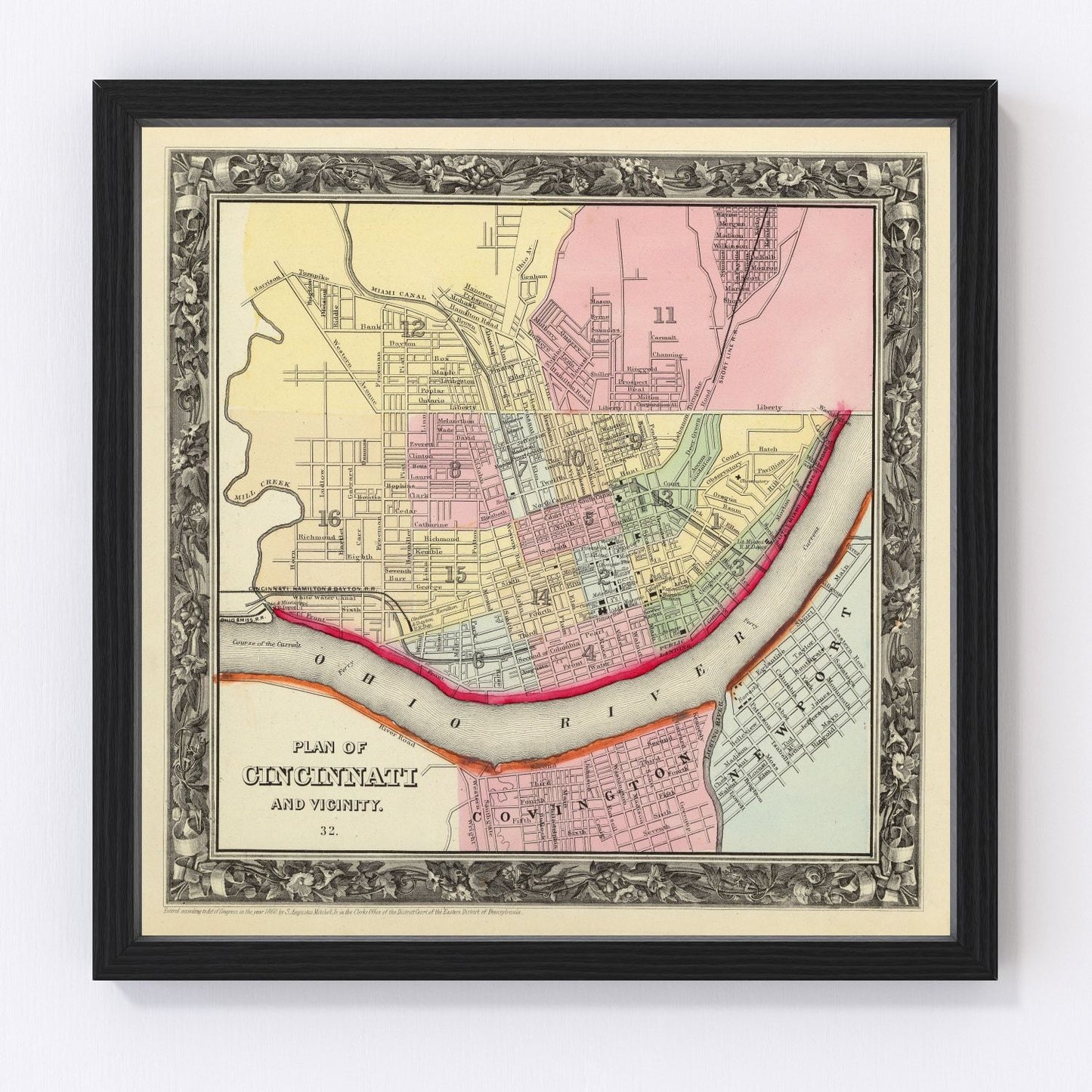 Vintage map of Cincinnati, Ohio, 1860