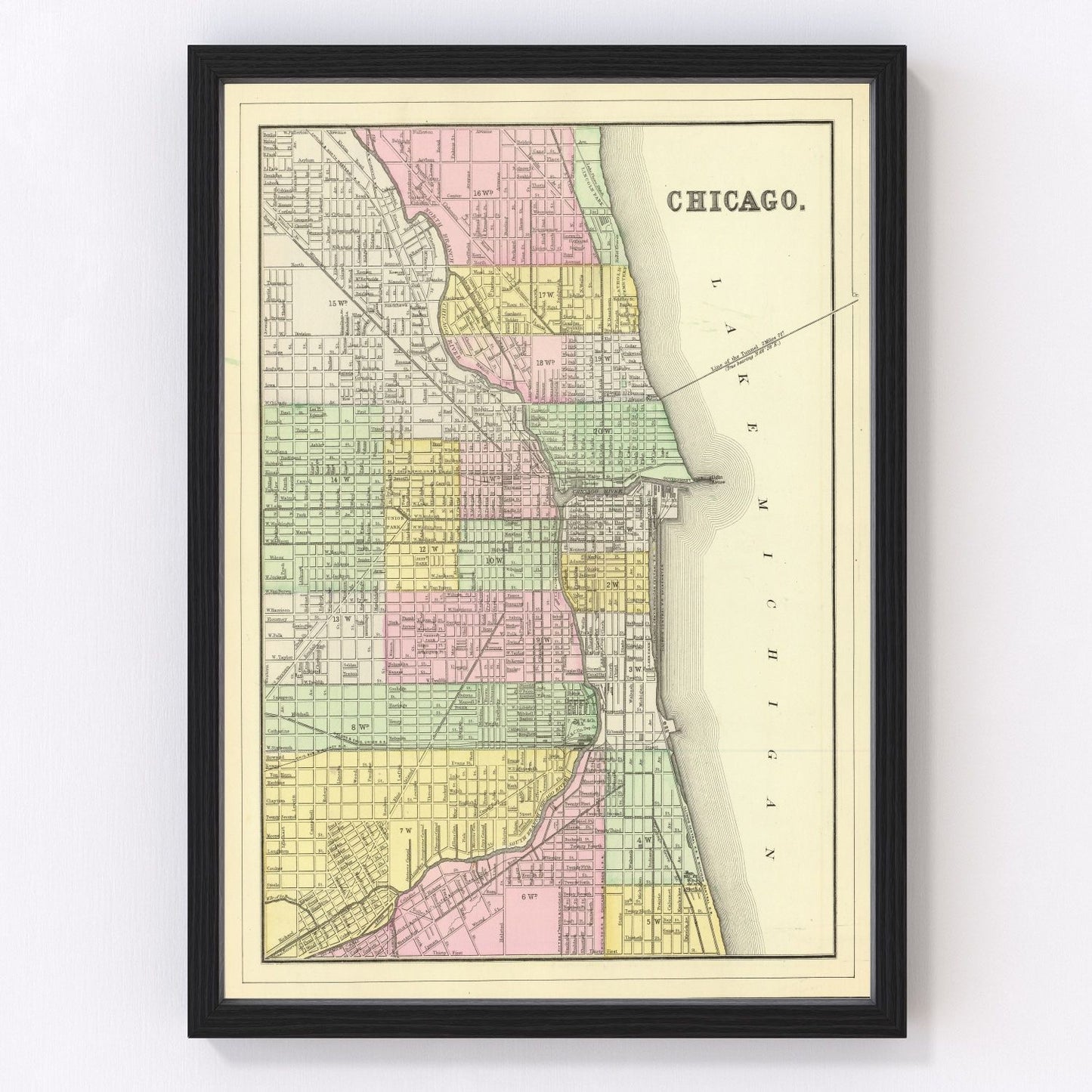 Vintage restored map of Chicago, Illinois, 1890, Cook County