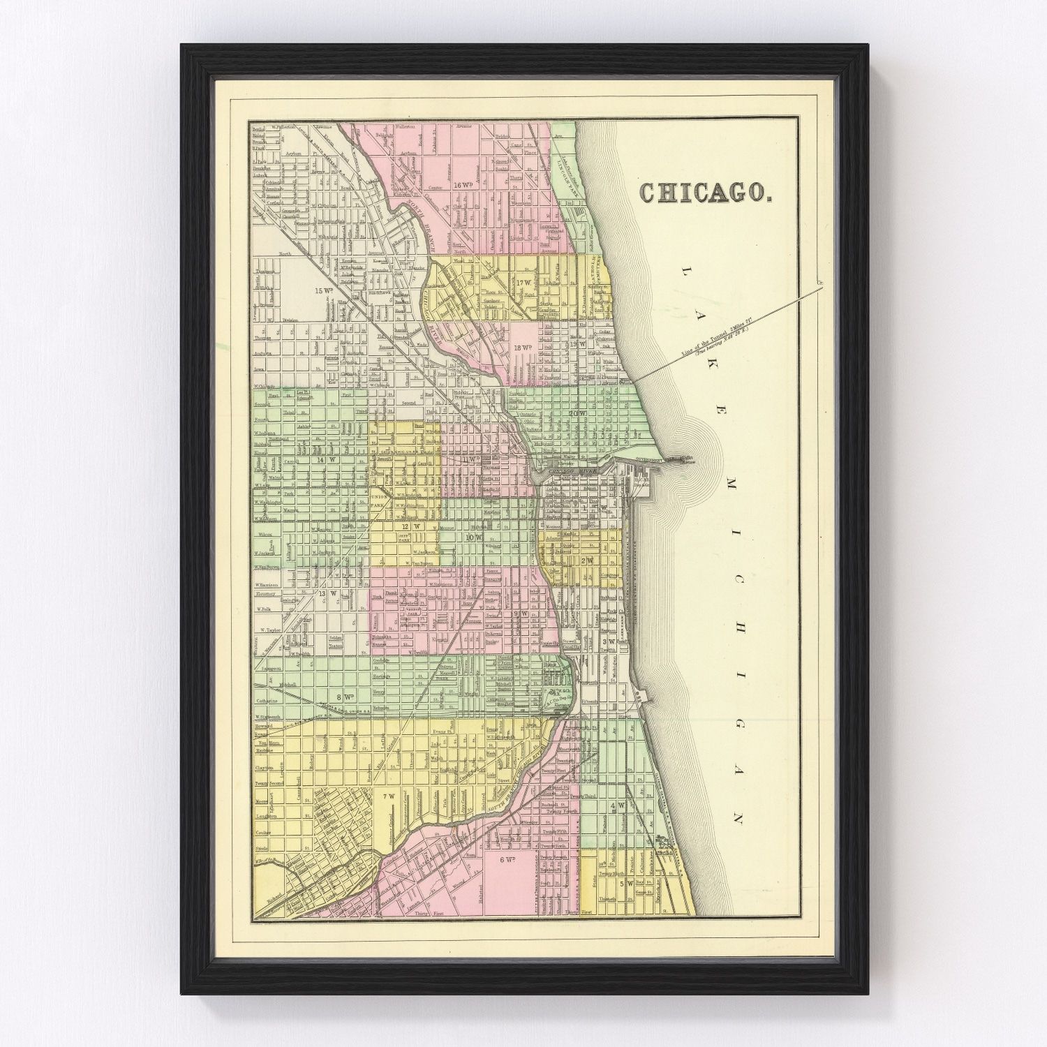 Vintage restored map of Chicago, Illinois, 1890, Cook County