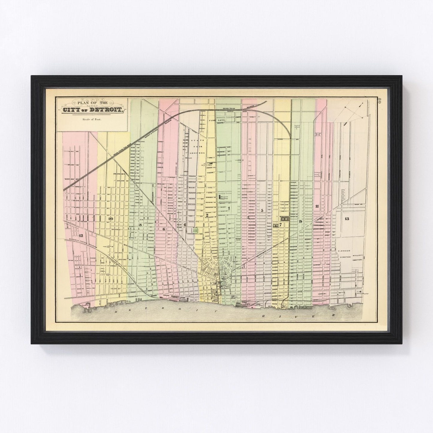Vintage restored map of Detroit, Michigan, 1890, Gilded Age industrial city cartography