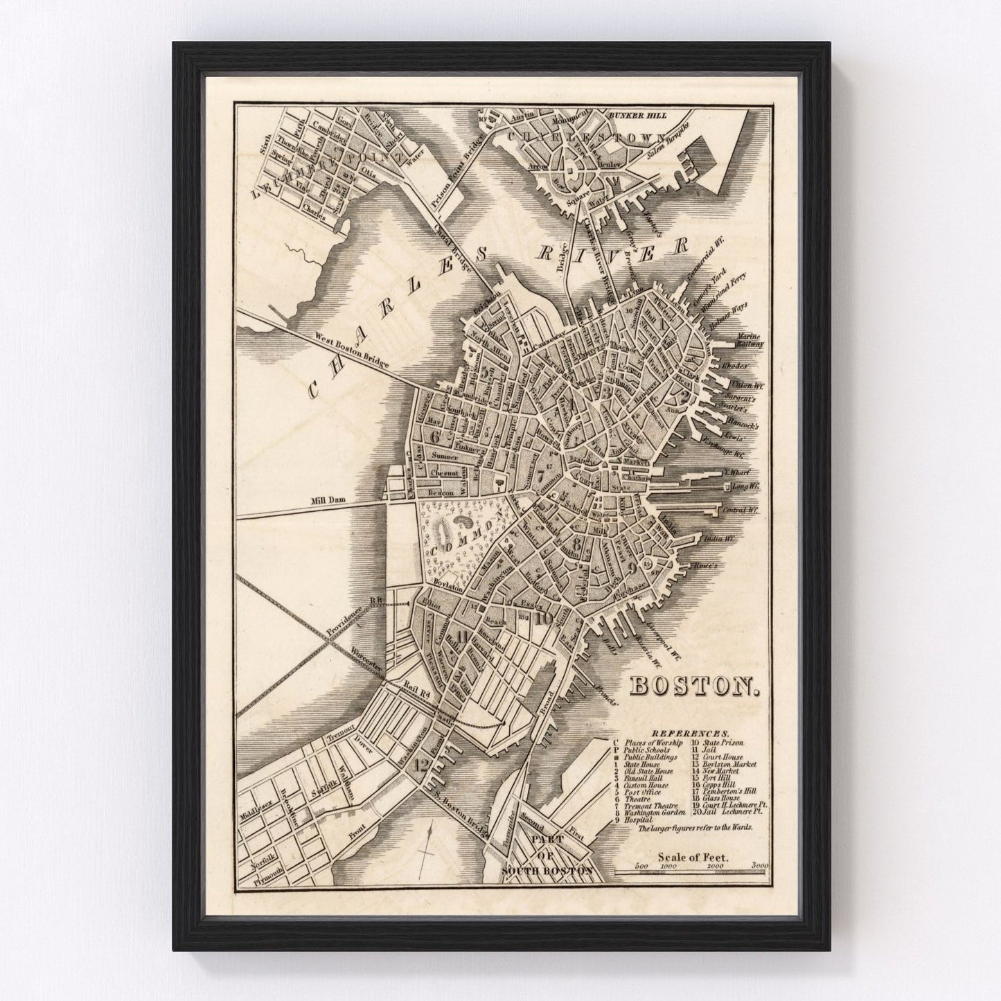 vintage map of Boston Massachusetts 1844, restored print wall art