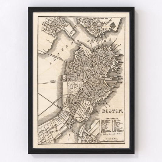 vintage map of Boston Massachusetts 1844, restored print wall art