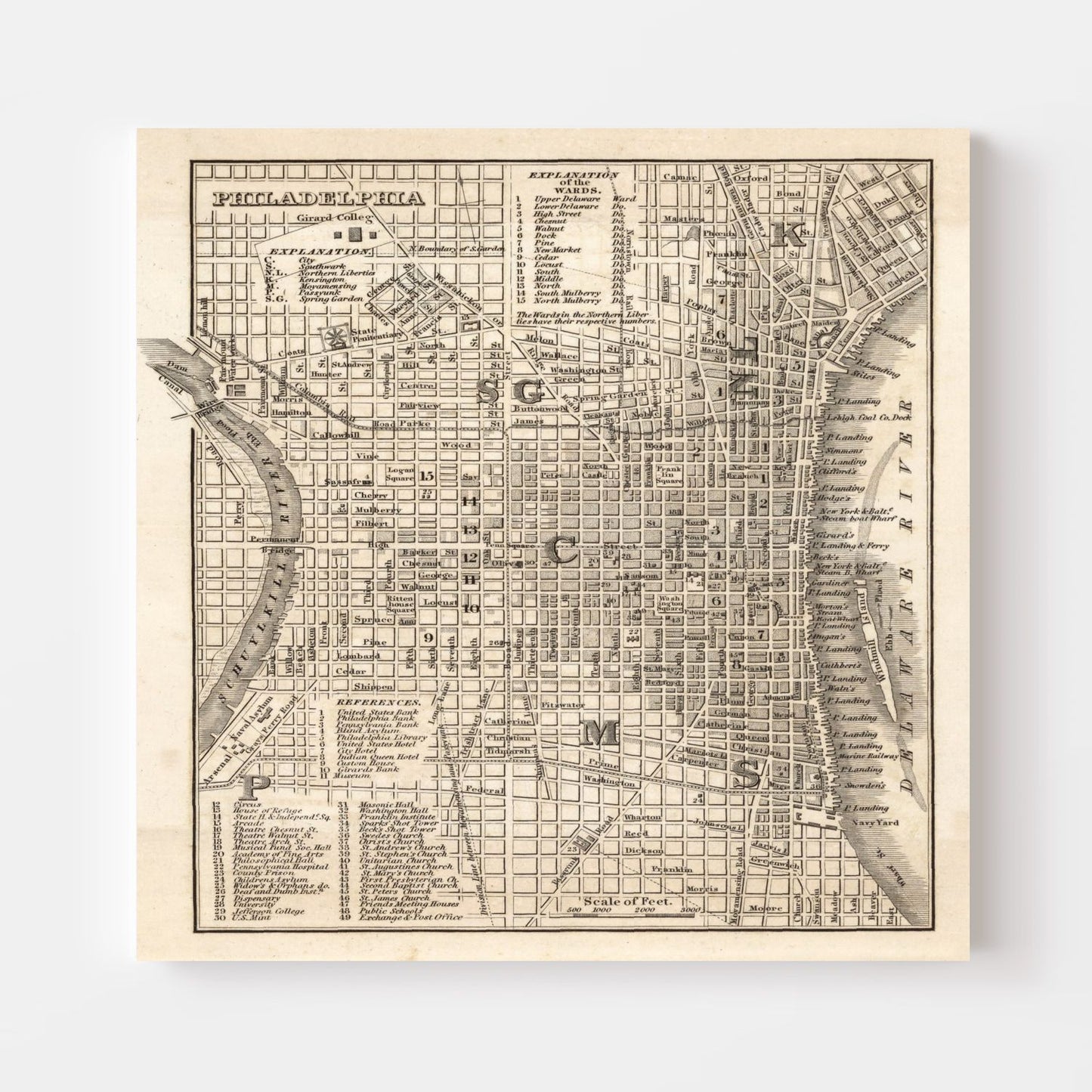 Vintage Map of Philadelphia, Pennsylvania, 1844