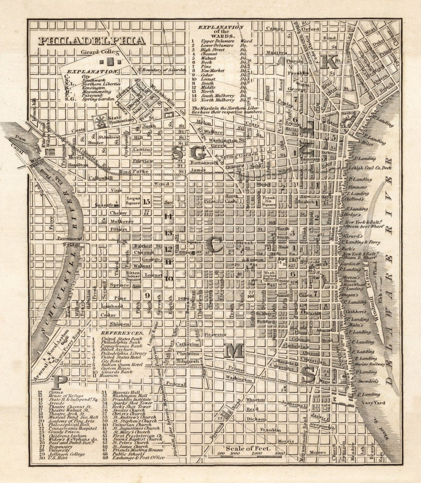 Vintage Map of Philadelphia, Pennsylvania, 1844