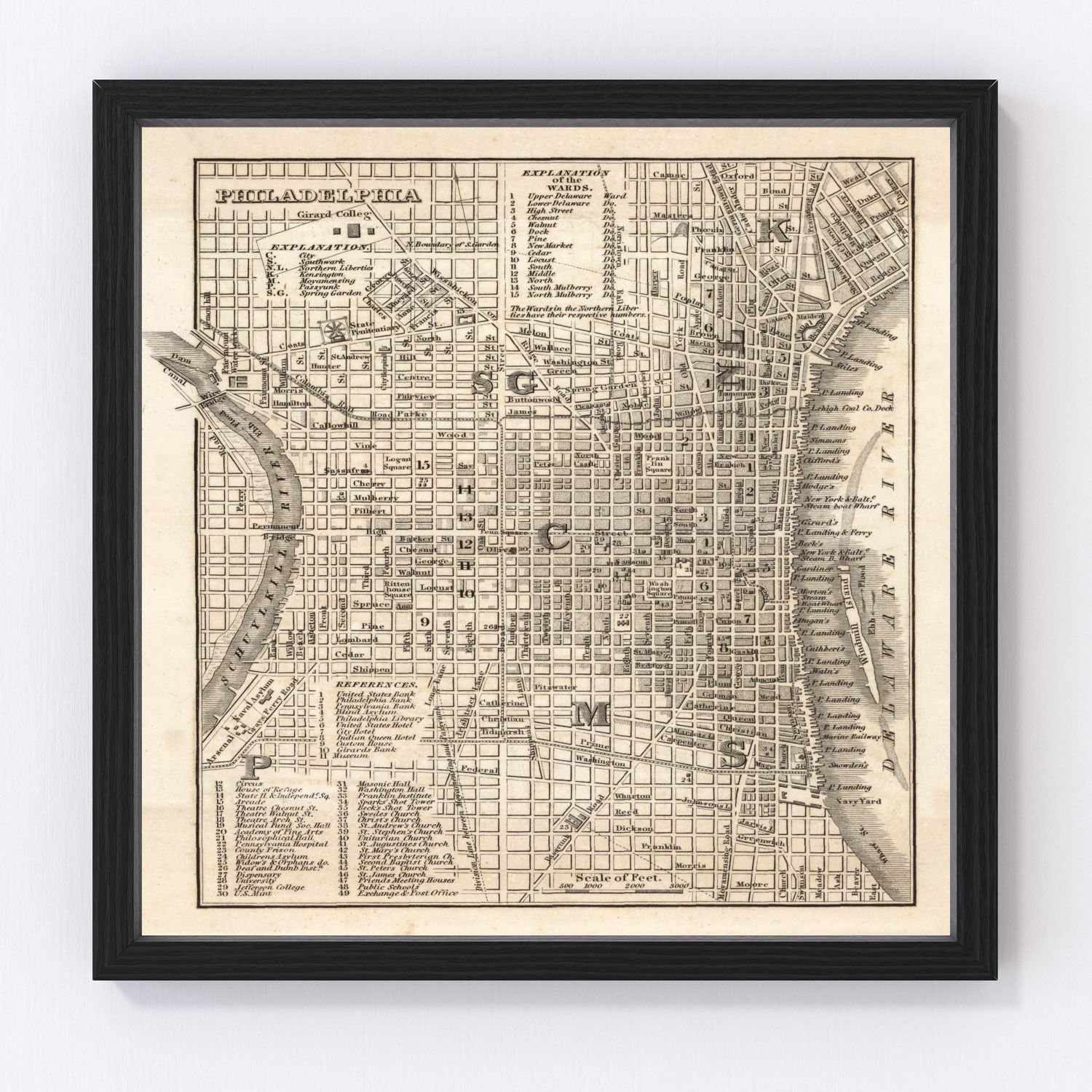 vintage map of Philadelphia, Pennsylvania, 1844