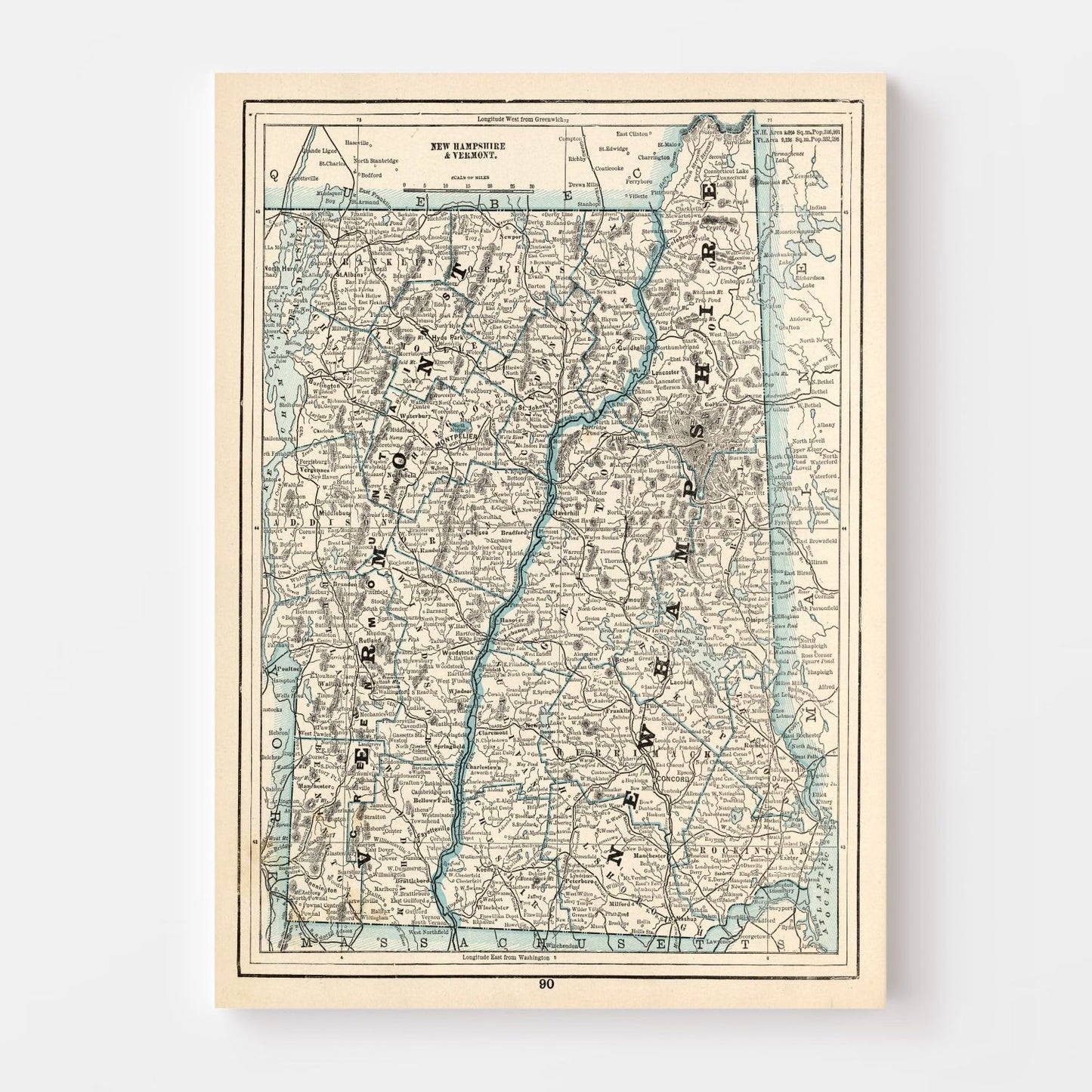 Vintage Map of New Hampshire & Vermont, 1893