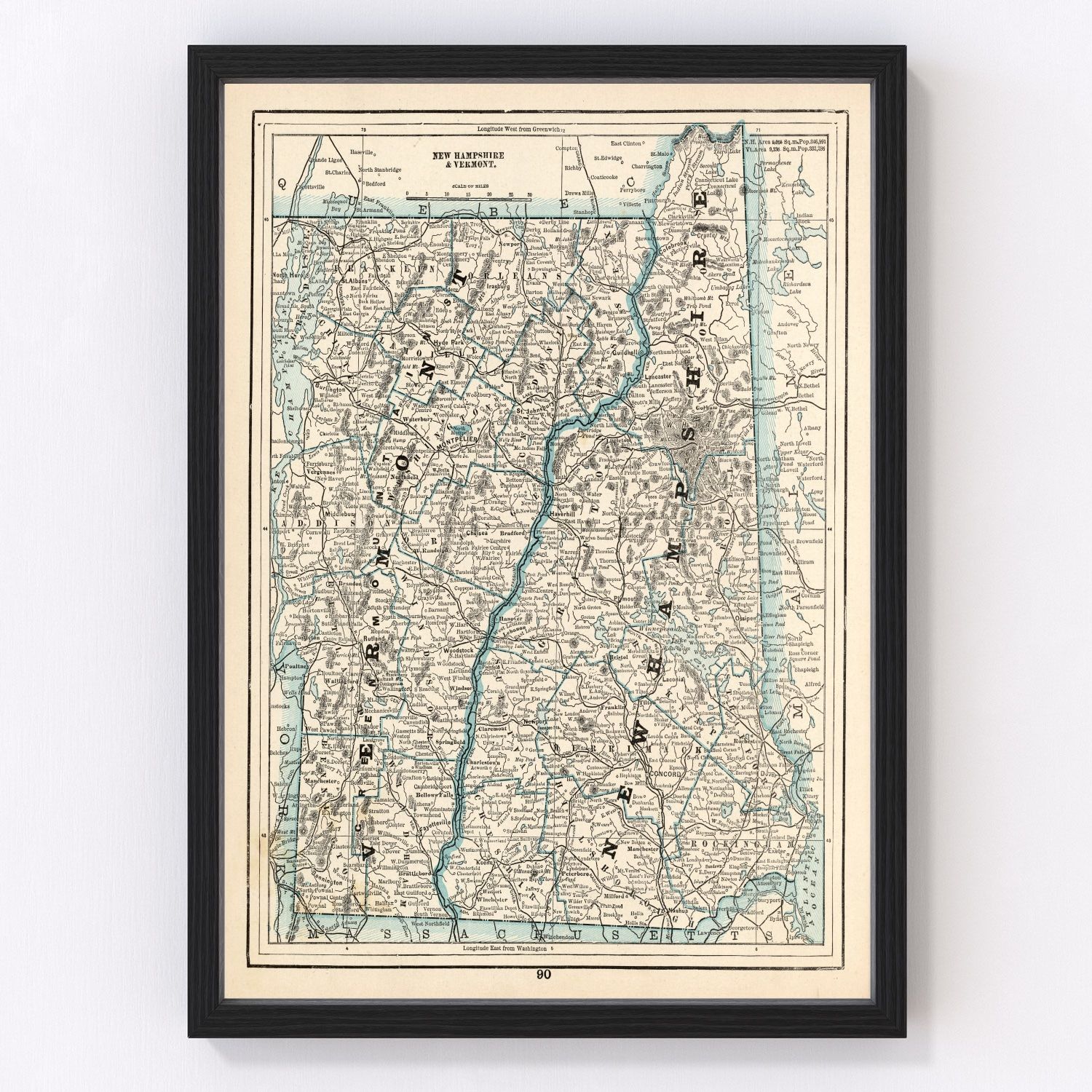 Vintage map of New Hampshire and Vermont, 1893